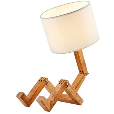 Lampe de table robot en bois, pliable et ajustable, culot E27, idéale pour le salon, la chambre ou le bureau.