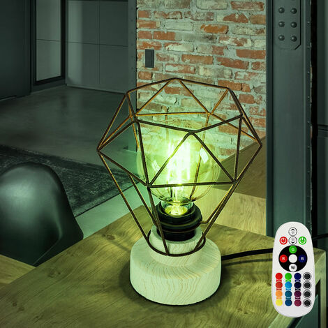Lampe de table salon lampe en bois lampe de table chambre lampe cage bois E27, télécommande dimmable, métal rouille, 1x LED RGB 9W 806Lm, DxH 19x22,5 cm
