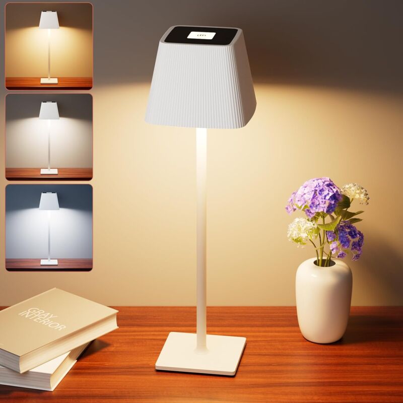 Crea - Lampe de Table Sans Fil Dimmable - 3 Modes de Couleur Lampe Table led avec 5200mAh Batterie Rechargeable - Contrôle Tactile IP54 étanche Métal