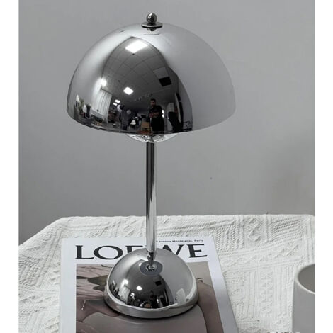 Lampe de table sans fil, lampe de bureau LED en forme de pot de fleurs, lampe de chevet à intensité variable avec 3 températures de couleur, chrome