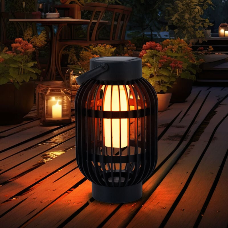 Lampe de table solaire led effet flamme lampe d'extérieur 2 en 1 sur piquet de jardin, plastique noir, avec poignée de transport, batterie, h 72,5 cm