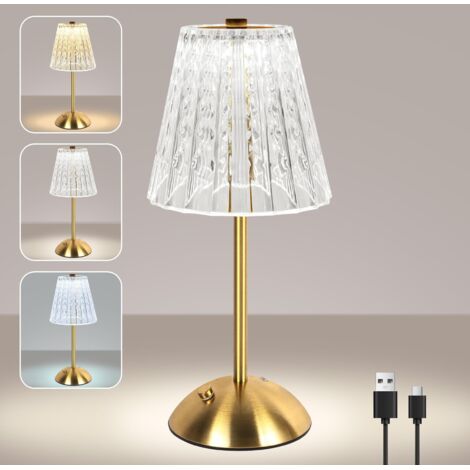 Lampe de Table Tactile Sans Fil, Petite Lampe de Table en Cristal Rechargeable à LED 2000mAh 3 Couleurs Rétro, Éclairage D'ambiance pour Chambre Salle à Manger Cuisine Bar Décoration D'intérieur