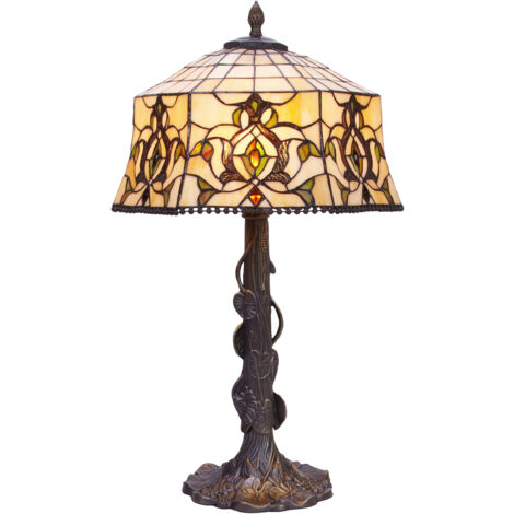 Lampe de table Tiffany avec base en feuille Série Hexa D-40cm