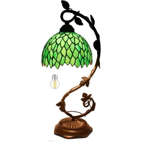 Lampe de table Tiffany Green Wisteria Colored Glass Light Reading Light, metal Leaf base 8x10x21 inch Decorative Small Space Bedroom Home Office