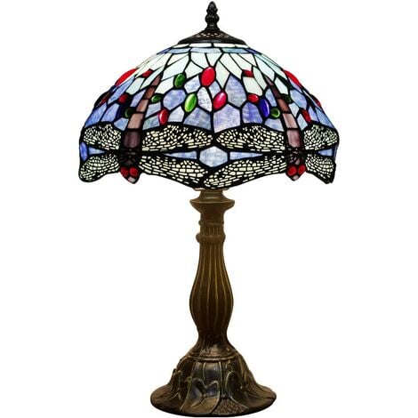 Lampe de table, Tiffany lampe de table en verre coloré bleu libellule lampe de lit 12x12x18 "décoration chambre salon Bureau