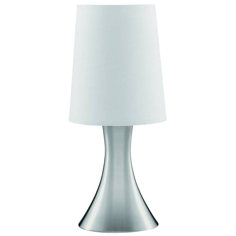Searchlight - Touch - 1 lampe tactile de table lumineuse argent satiné avec abat-jour en tissu, E14