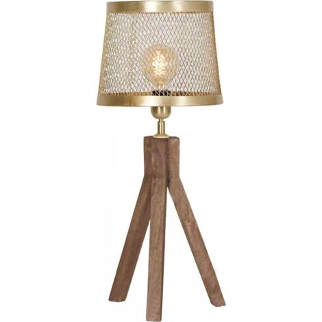 Lampe de table trépied en bois et abat jour grillagé doré - doré et bois naturel clair
