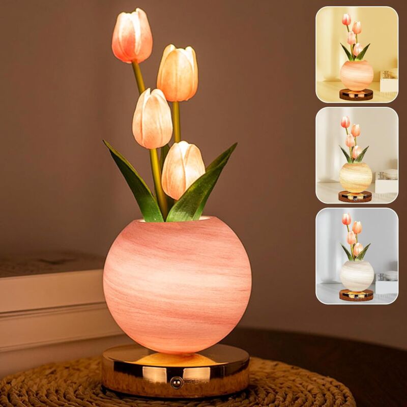 Lampe de table tulipe, lampe de bureau artificielle tulipe rechargeable sans fil à intensité variable tactile, veilleuse LED en forme de fleur,