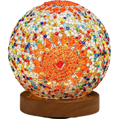 Lampe de table turque, lampe en verre mosaïque, base en bois, lampe de chevet style bohème Tiffany, alimentation USB.