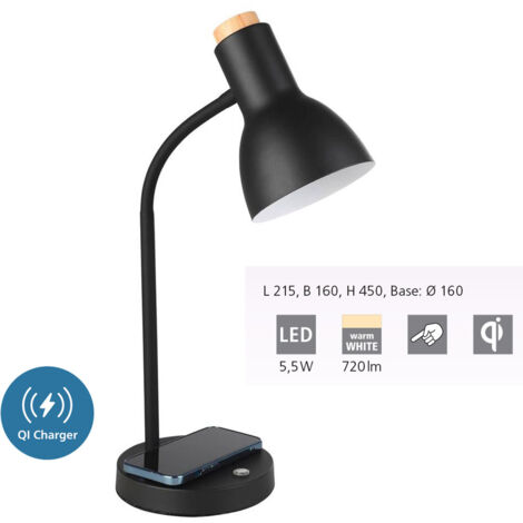 Lampe de table Veradal-Qi en acier noir, Crème LED 5.5W 3000K L: 21,5 cm B: 16 cm H: 45 cm Dimmable avec un gradateur tactile