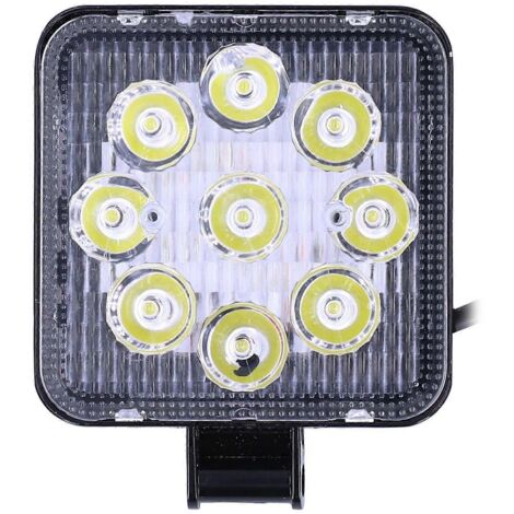 Lampe de travail LED 27W 9LEDs, projecteur carré IP67 en aluminium et PC, pour voiture, moto, tout-terrain, usage automobile et hors route.