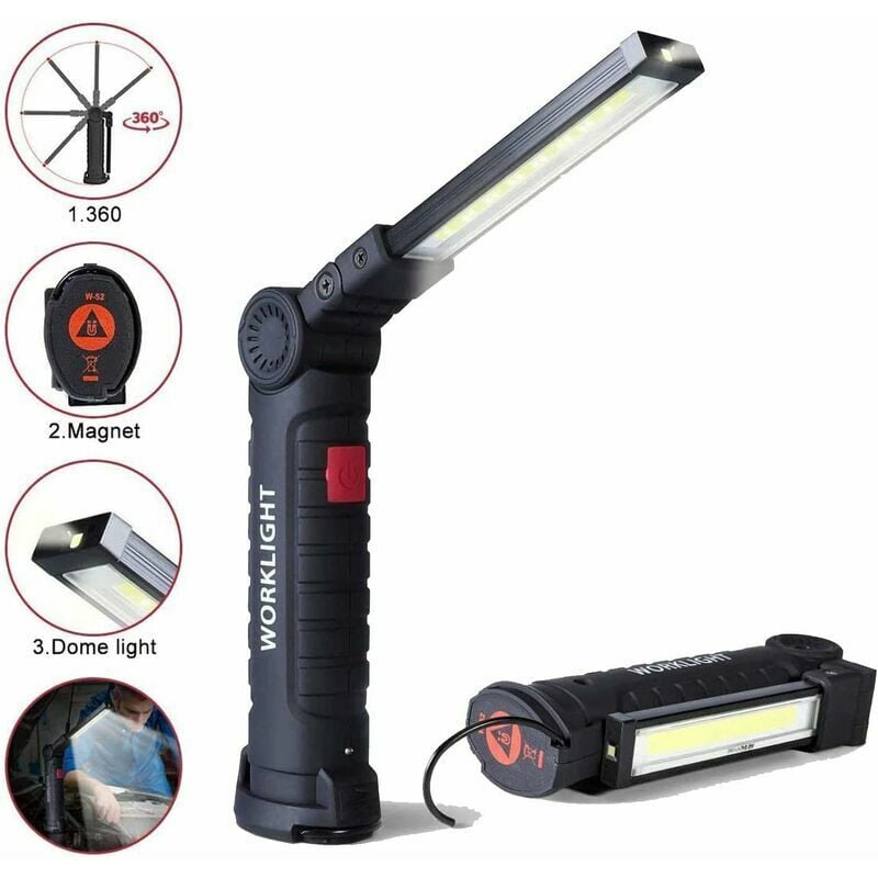 Ulisem - Lampe de travail led rechargeable avec 800 lumens, base magnétique, 5 modes pour garage, camping, urgences, lampe torche baladeuse led.