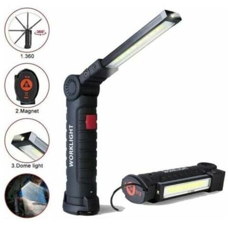 Lampe de travail LED rechargeable avec 800 lumens, base magnétique, 5 modes pour garage, camping, urgences, lampe torche baladeuse LED.