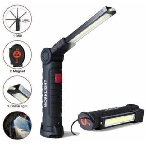 Lampe de travail LED rechargeable avec 800 lumens, base magnétique, 5 modes pour garage, camping, urgences, lampe torche baladeuse LED.