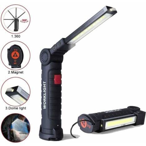 Lampe de travail LED rechargeable, lampe torche de travail LED 800LM, lampe d'atelier LED rechargeable, lampe d'inspection, lampe de poche à base magnétique 5 modes pour garage, camping, urgence
