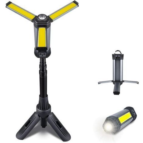 Lampe de travail rechargeable avec support, lampe de travail sans fil avec trois ampoules LED COB, lampe mécanique avec batterie 6000 mAh, 00/1100/2000 lumens, lampe de travail pour