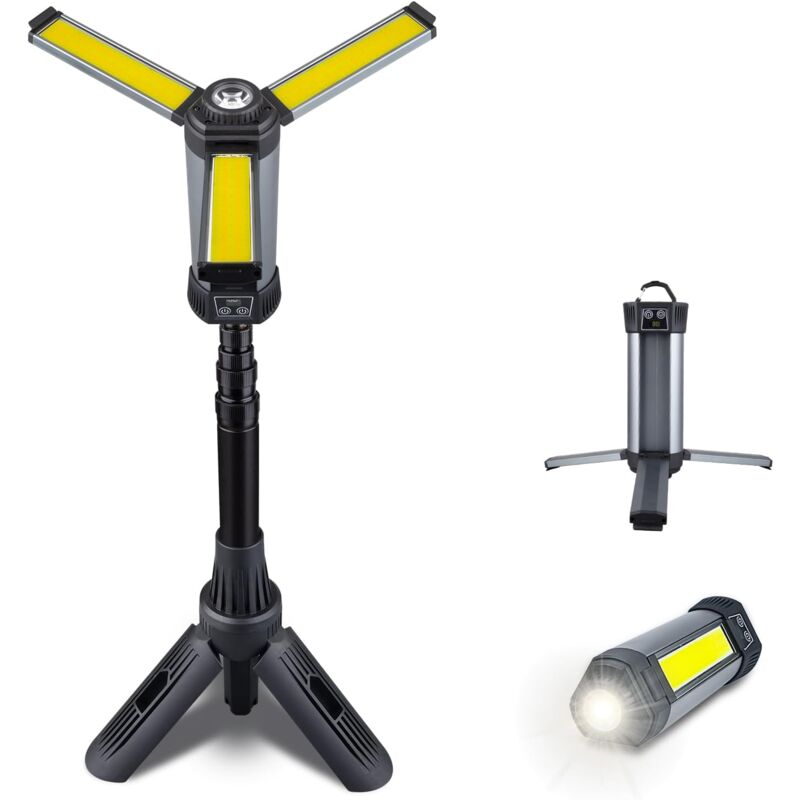 Lampe de travail rechargeable avec support, lampe de travail sans fil avec trois ampoules led cob, lampe mécanique avec batterie 6000 mAh,