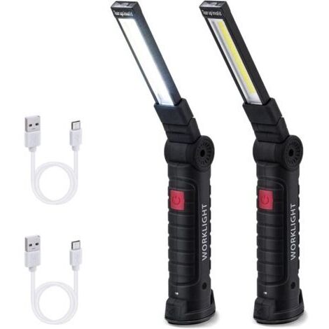 Lampe de Travail, Rechargeable COB Baladeuse LED Ultra Lumineuse avec Base Magnétique, 5 Modes, pour Garage, Camping, d'urgence, etc - 2 Pièces - Grand