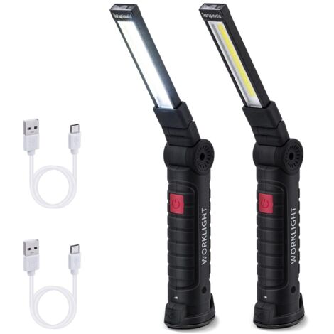 Lampe de Travail, Rechargeable COB Baladeuse LED Ultra Lumineuse avec Base Magnétique, 5 Modes, pour Garage, Camping, d'urgence, etc-2 Pièces-Grand