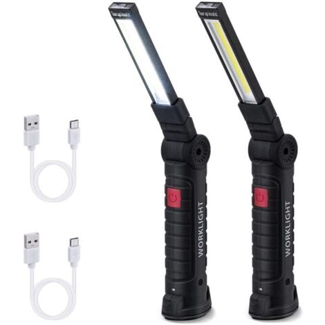 Lampe de Travail, Rechargeable COB Baladeuse LED Ultra Lumineuse avec Base Magnétique, 5 Modes, pour Garage, Camping, d'urgence, etc - 2 Pièces - Grand