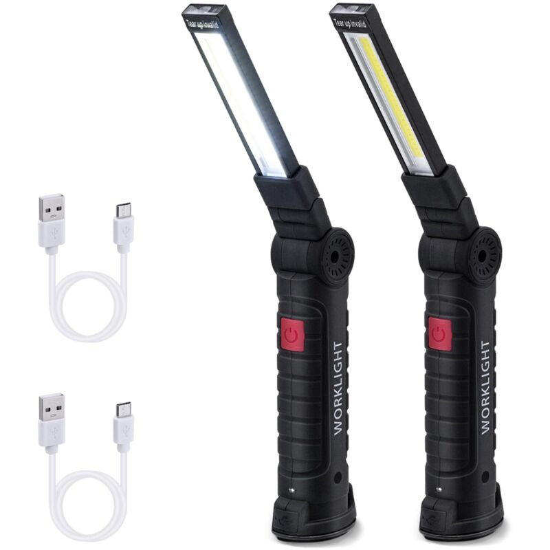 Lampe de Travail, Rechargeable COB Baladeuse LED Ultra Lumineuse avec Base Magnétique, 5 Modes, pour Garage, Camping, d'urgence, etc - 2 Pièces