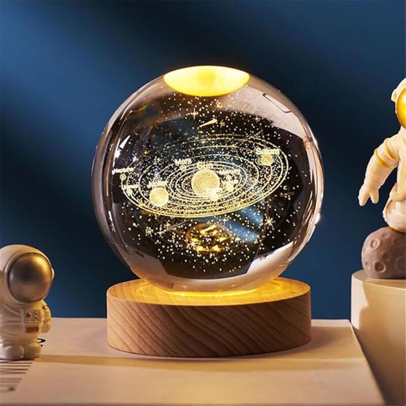Lampe Décorative Veilleuse Boule De Cristal 3d, Système Solaire Planètes, Boule De Cristal Avec Base, Sphere Décoration De Table Artisanat (Solar