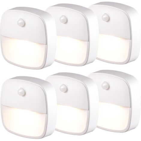 Lampe Détecteur de Mouvement Interieur, Lot de 6 Veilleuse LED Pile, Veilleuse d'escalier Automatiquel pour Couloir, Chambre, Cuisine, Placard - Blanc Chaud