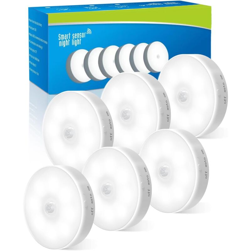 Lampe Detecteur de Mouvement Interieur, Veilleuse Detecteur de Mouvement Pour Couloir Cuisine, Rechargeable USB, Auto/On/Off, 6Pcs, Blanc Froid