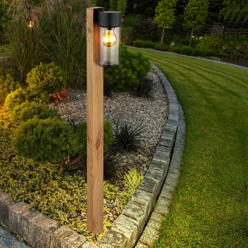 Lampe d'extérieur, lampadaire, moderne, aspect bois, lampe de terrasse, maison de campagne, verre en acier inoxydable, noir, E27, LxlxH 9x14,5x100 cm