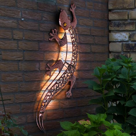 ETC-SHOP Lampe d'extérieur marron applique murale Gecko lampe solaire jardin, lampe de terrasse LED décoration de jardin maison applique batterie, 10x LED blanc chaud, LxPxH 69x36x3 cm