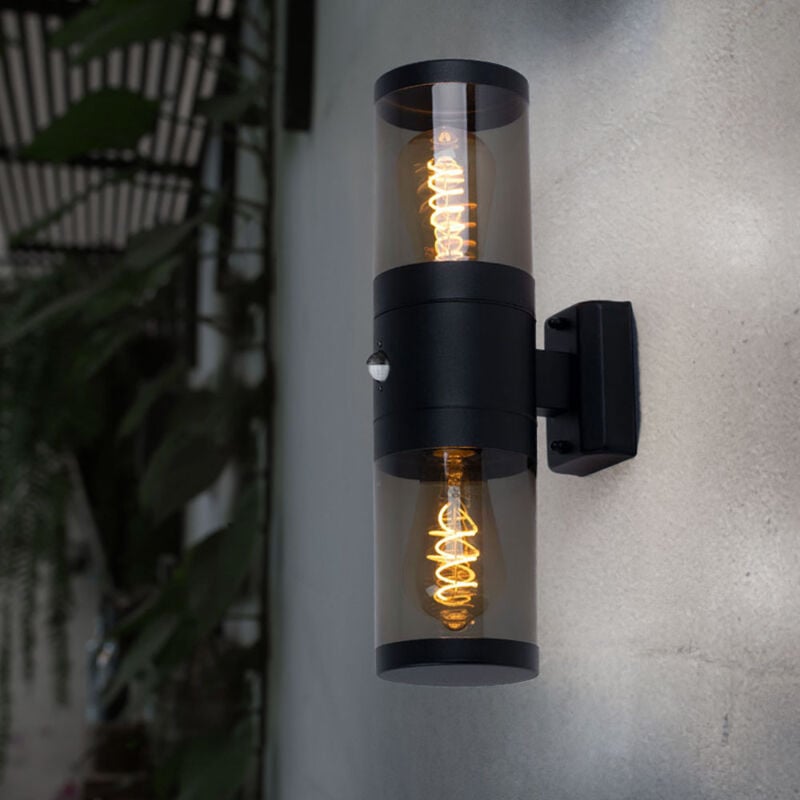 Lampe d'extérieur, applique murale, spot haut et bas, éclairage de façade, détecteur de mouvement, acier inoxydable, noire, IP44, 2xE27, DxH 10,2x42cm