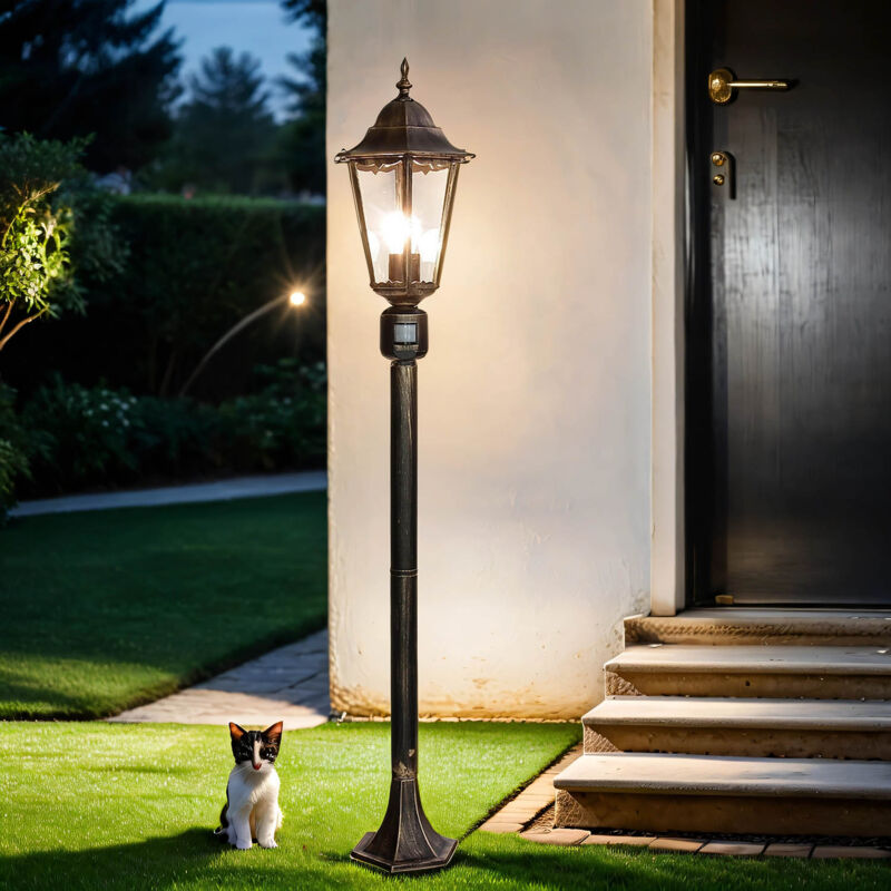 Lampadaire d'extérieur Bristol noir cuivré avec détecteur de mouvement en style campagnard H:1,2 m E27 - nbronze