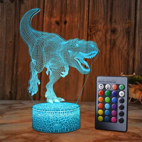 Lampe dinosaure 3D à illusion pour garçon, 16 couleurs, télécommande, veilleuse tactile intelligente, cadeau d'anniversaire idéal pour garçon, fille et enfant.