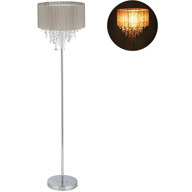Relaxdays Lampe droite cristal, Abat-jour en organza, pied rond, E27, lampadaire sur pied HxD 151,5 x 38 cm, gris/argent