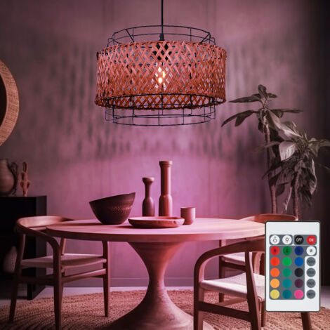 Lampe en bambou suspendue lampe suspendue table à manger plafonnier style Boho suspension bambou 1 flamme, grillage, télécommande dimmable, 1x LED RGB, DxH 35x120 cm