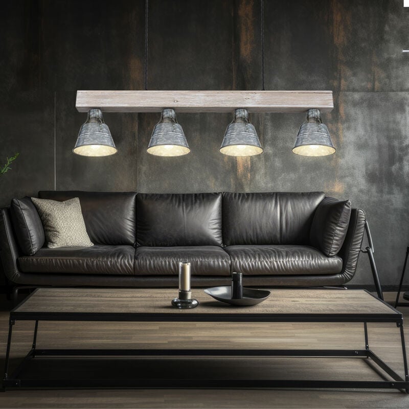 Lampe en bois lampe suspendue lampe à suspension lampe à poutre en bois, 4 ampoules maison de campagne métal bois antique naturel, 4x douilles E27,