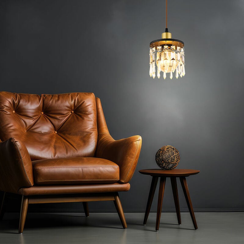 Lampe en bois suspension suspension laiton doré suspension cristal salon, hauteur réglable, verre, noir, 1x E27, DxH 15x120 cm