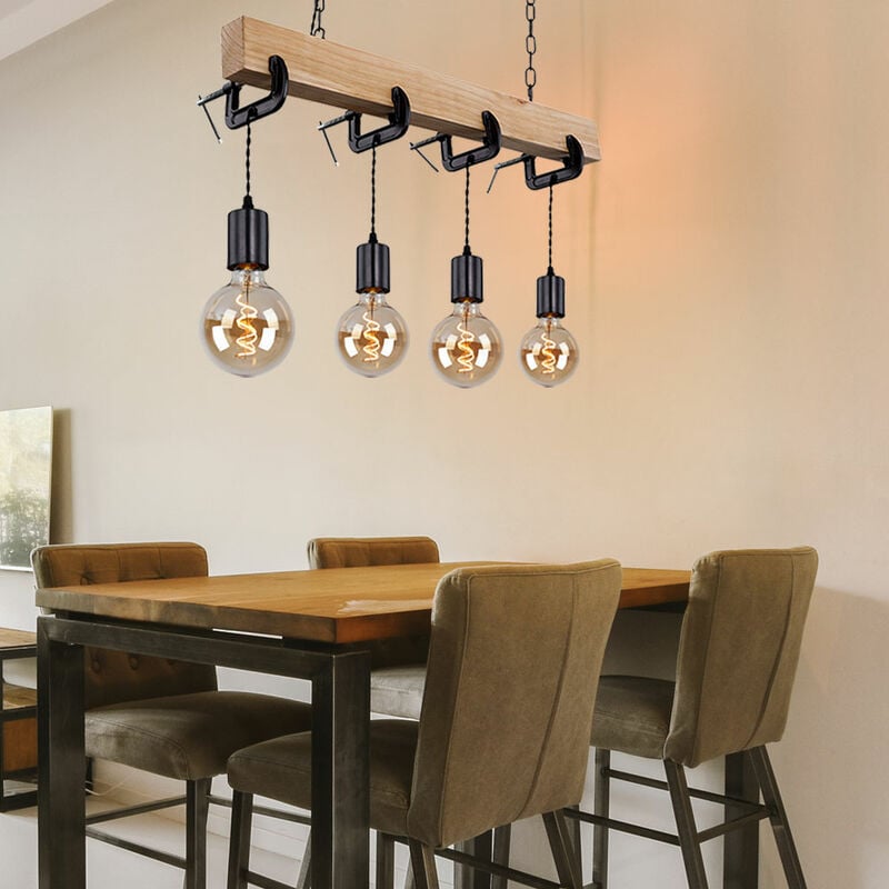 Lampe en bois suspension vintage suspension 4 flammes lampe rétro salle à manger, poutres en bois métal naturel noir, 4x douilles E27, HxLxP