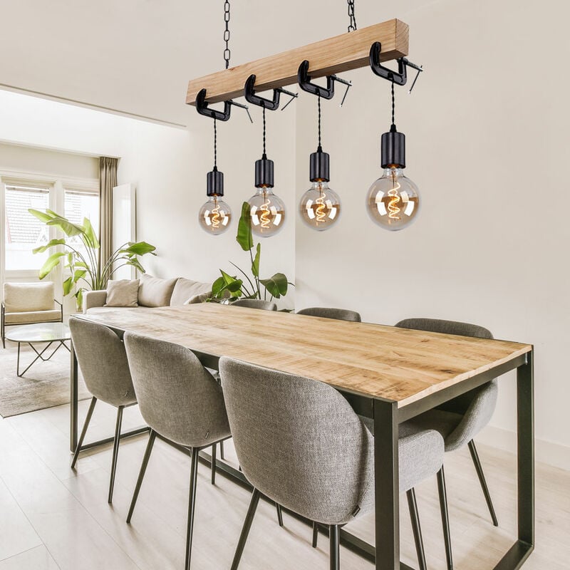 Lampe en bois suspension vintage suspension 4 flammes lampe rétro salle à manger, poutres en bois métal naturel noir, 4x douilles E27, HxLxP