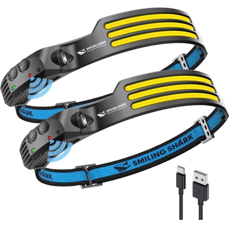 Lampe Frontale, 230°Angle Large 3LED Bandes Lumineuses Blanches Headlight Rechargeable avec Capteur de Motion Étanche pour Activités Outdoor,