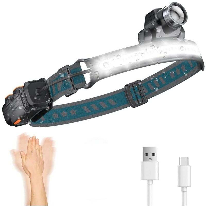 Kinsi - Lampe Frontale, 2000mah, 7 Modes Blanc et Rouge Lampe Frontale Rechargeable, Capteur Sensible, IPX5 Étanche