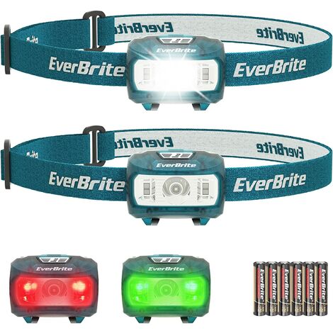 Lampe frontale 300 lumens – 3 couleurs lumière – 5 modes d'éclairage – Angle ajustable jusqu'à 65° – Alimentation 6 piles AAA incluses – Everbrite