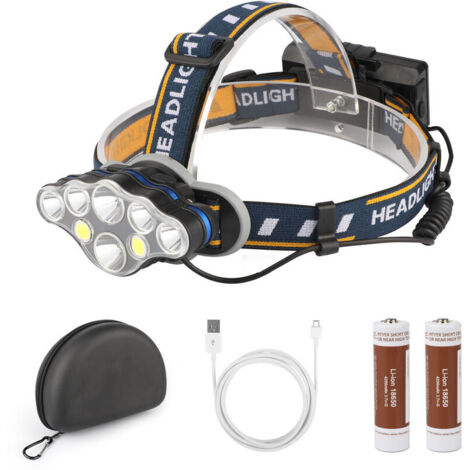 Lampe Frontale, 8 LED 18000 Lumens Torche Frontale LED Rechargeable USB, Torches Frontales Étanche Puissante pour Camping, Escalade,Pêche, Course, Chasse [Classe énergétique A+++]