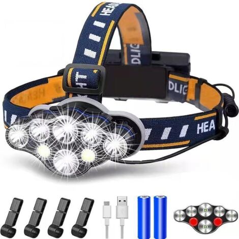 Lampe frontale à 8 LED, rechargeable par USB, étanche, projecteur avec voyant rouge