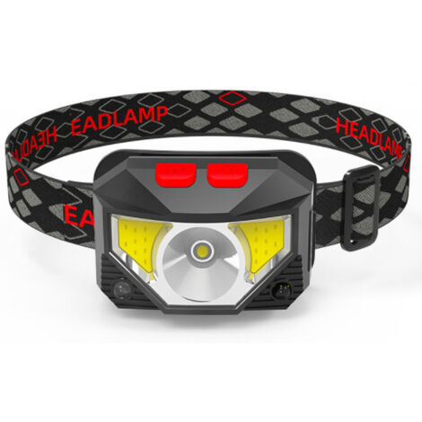 Lampe frontale à LED avec indicateur rouge, rechargeable par USB, double source lumineuse compacte, détection de mouvement, conception étanche, angle réglable, adaptée aux scénarios de camping/d'urgen