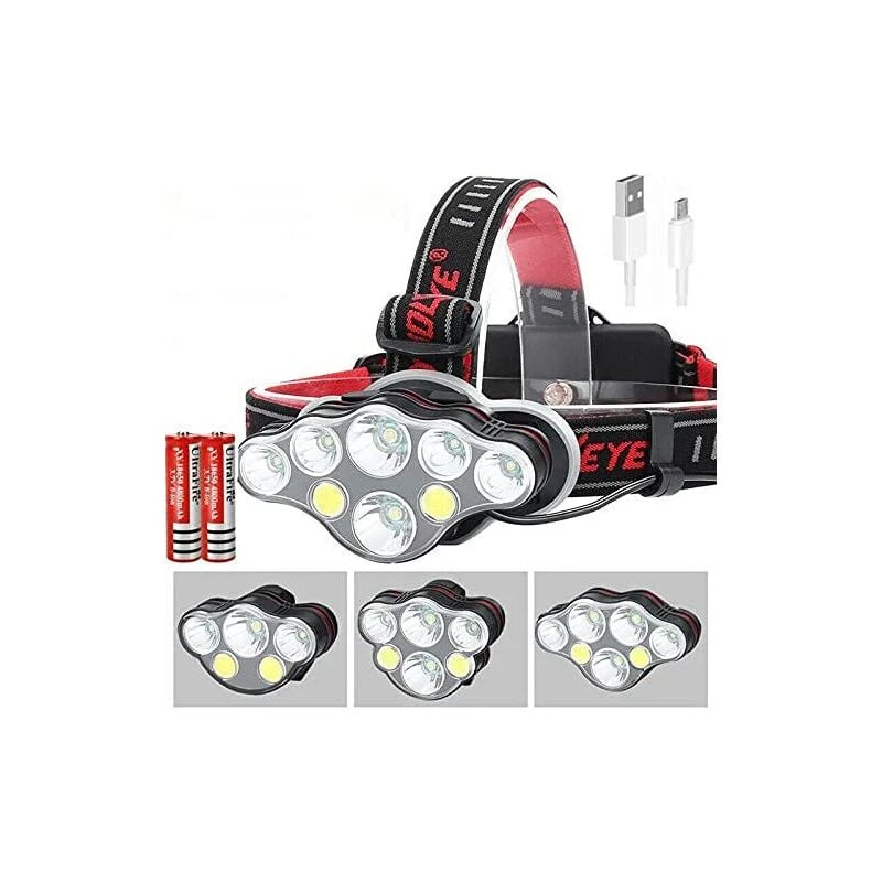 Lampe frontale à LED, lampe frontale 350000LM rechargeable étanche avec 8 LED pour la course la pêche le camping la randonnée le cyclisme, 8 modes