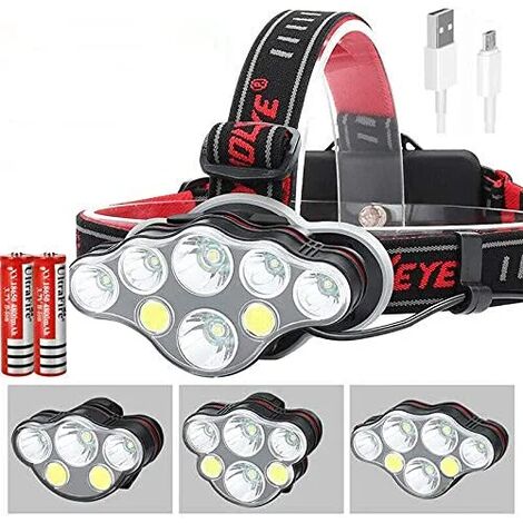 Lampe frontale à LED, lampe frontale 350000LM rechargeable étanche avec 8 LED pour la course la pêche le camping la randonnée le cyclisme, 8 modes d'éclairage [2 18650 piles incluses]