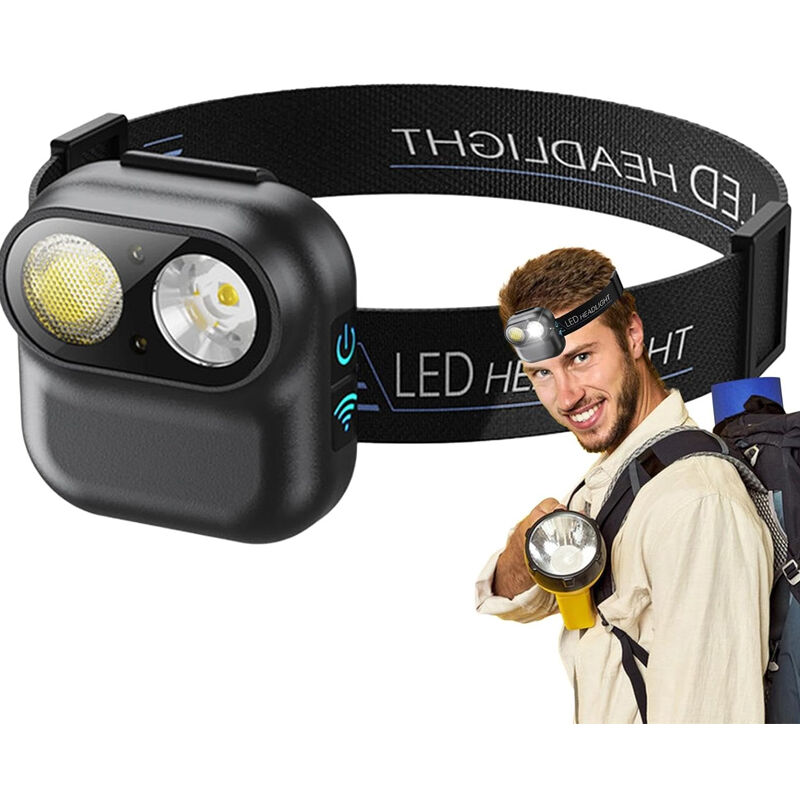 Sjqka - Lampe frontale à led, phare avec capteur de mouvement, lampe frontale à led rechargeable, pour la randonnée, le camping, le cyclisme(noir)