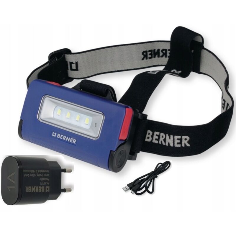Lampe frontale 4 LED USB 250 lm étanche – Portée 400 m – Batterie Li-ion 2000 mAh – Temps de travail jusqu'à 8 h – Berner