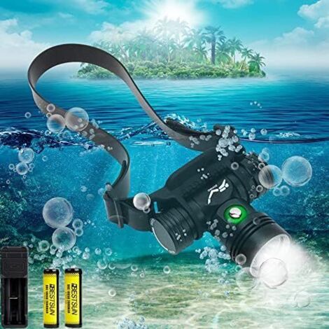 Lampe frontale étanche 2000 lumens – Rechargeable IPX8 avec 3 modes – Pour plongée, natation et camping – Angle de rotation 90°